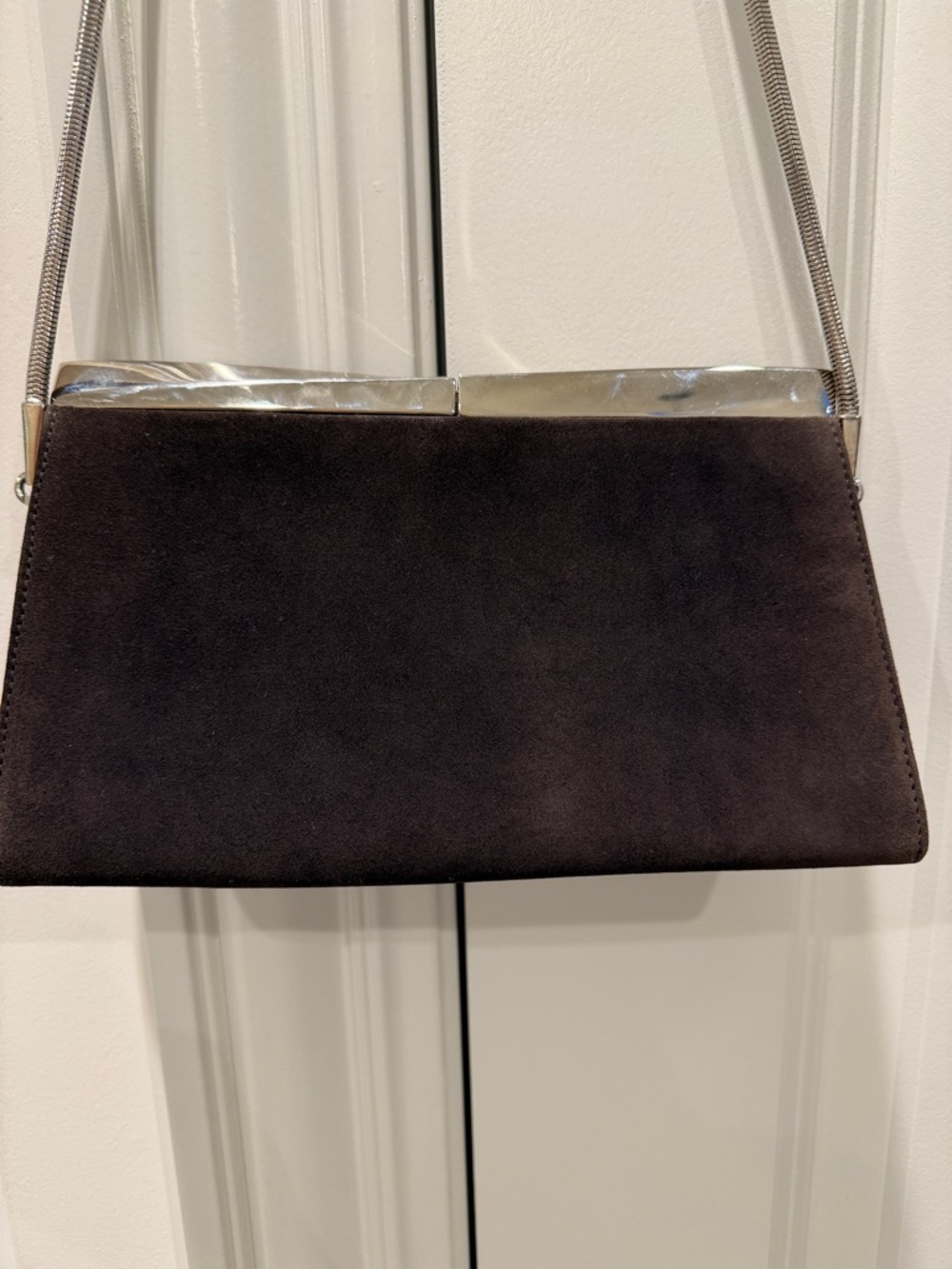 Vintage Salvatore Ferragamo Dark Brown Suede Shoulder Bag with Silver Trim.